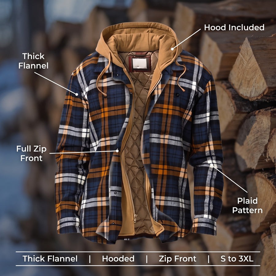 Men’s Flannel Shirt Jacket Hooded Zip Front Plaid Thick Warm, product photo 2