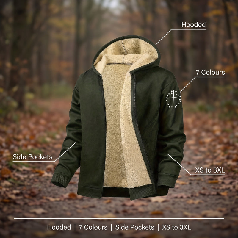 Men's Fleece Jacket Hooded Zip Pockets Simple Chest Graphic, product photo 2