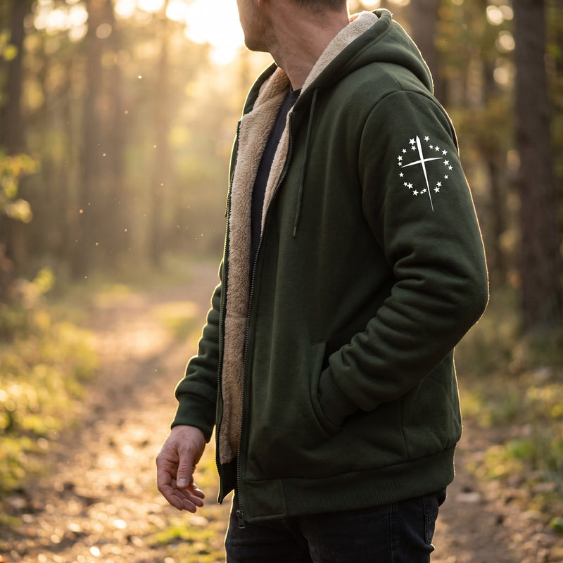 Men's Fleece Jacket Hooded Zip Pockets Simple Chest Graphic, product photo 3