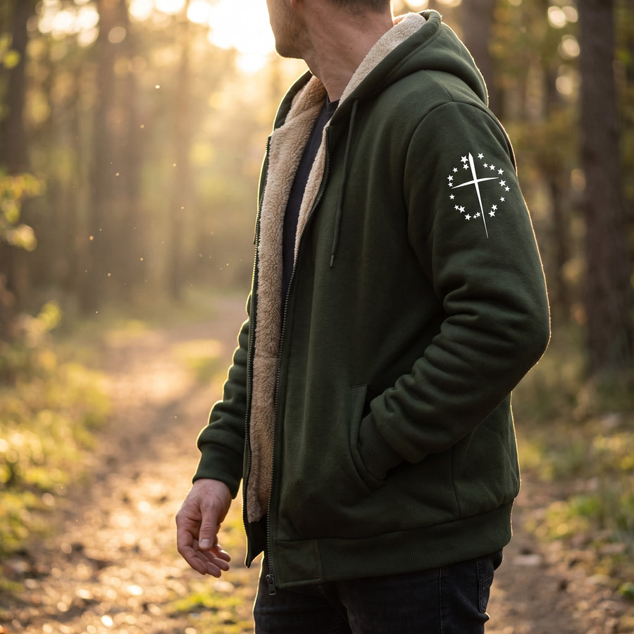 Men's Fleece Jacket Hooded Zip Pockets Simple Chest Graphic, product photo 3