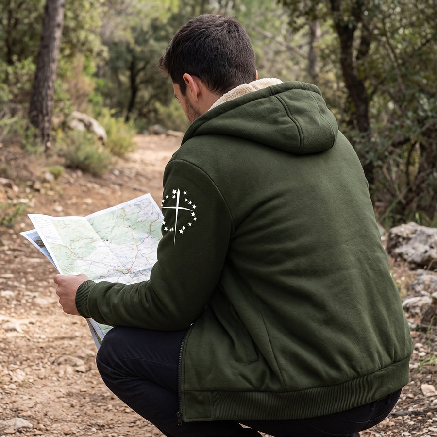 Men's Fleece Jacket Hooded Zip Pockets Simple Chest Graphic, product photo 5