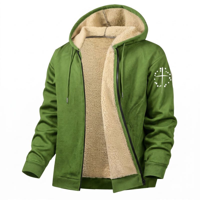 Men's Fleece Jacket Hooded Zip Pockets Simple Chest Graphic, product photo 6
