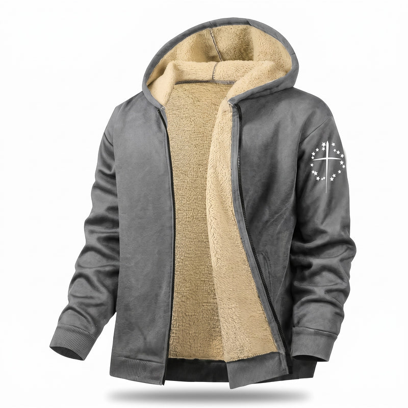 Men's Fleece Jacket Hooded Zip Pockets Simple Chest Graphic, product photo 7