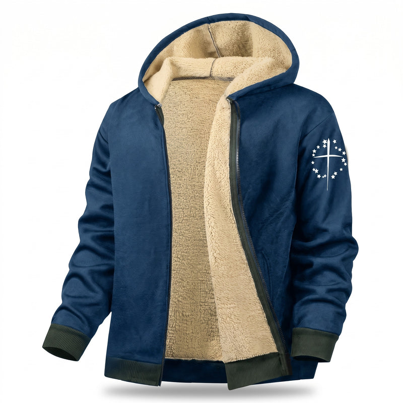 Men's Fleece Jacket Hooded Zip Pockets Simple Chest Graphic, product photo 9