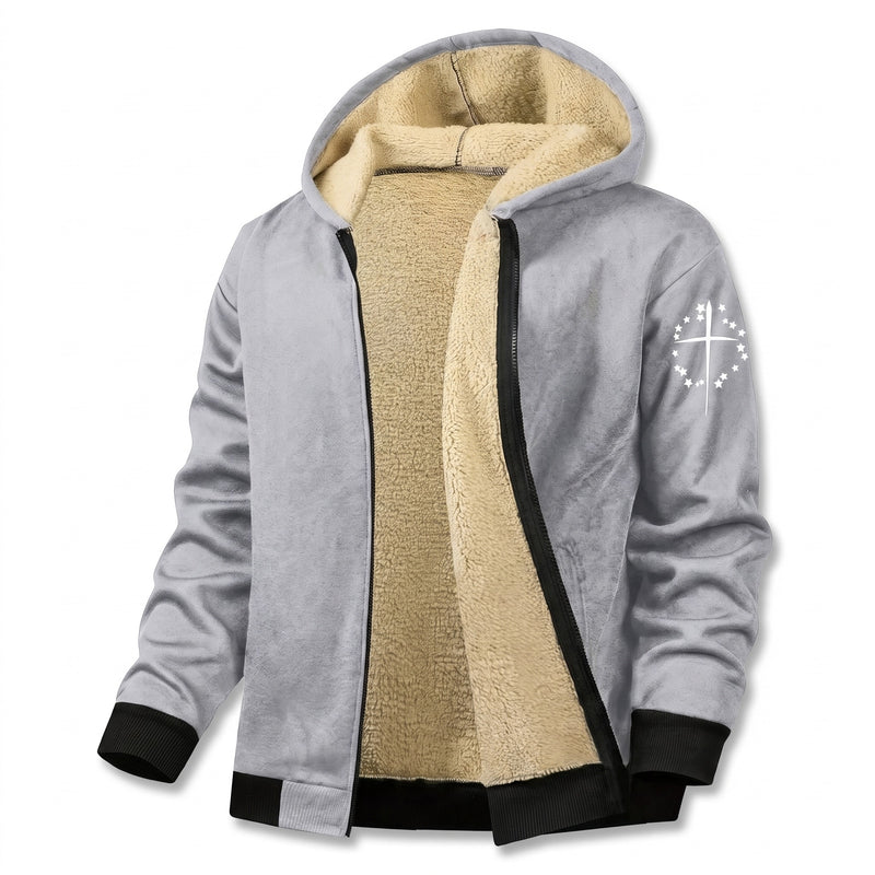 Men's Fleece Jacket Hooded Zip Pockets Simple Chest Graphic, product photo 11