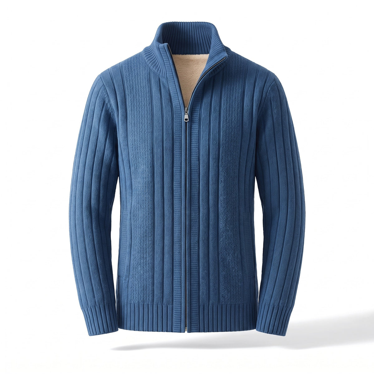 Men's Fleece Lined Cardigan Full Zip Ribbed Knit Stand Collar Sweater, product photo 1