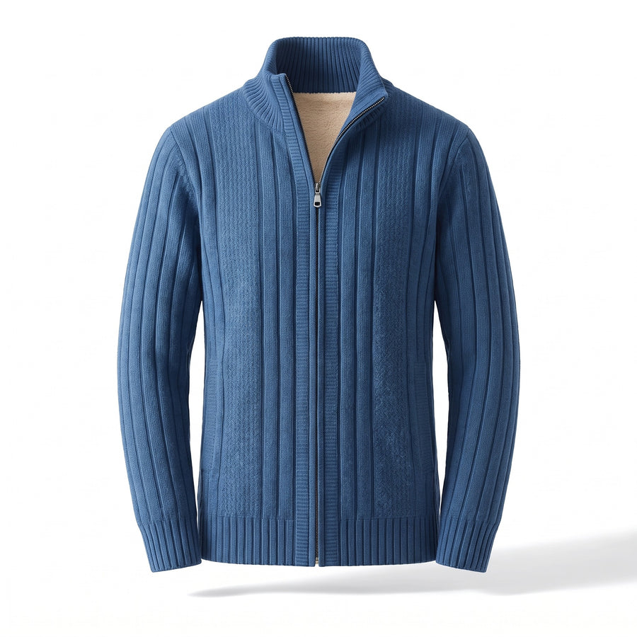 Men's Fleece Lined Cardigan Full Zip Ribbed Knit Stand Collar Sweater, product photo 1