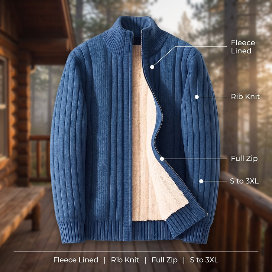 Men's Fleece Lined Cardigan Full Zip Ribbed Knit Stand Collar Sweater, product photo 2