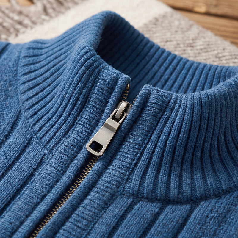Men's Fleece Lined Cardigan Full Zip Ribbed Knit Stand Collar Sweater, product photo 4