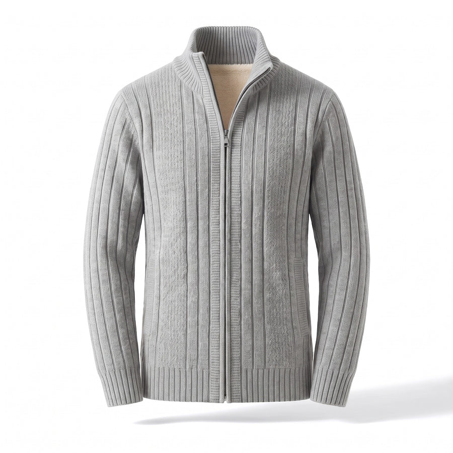 Men's Fleece Lined Cardigan Full Zip Ribbed Knit Stand Collar Sweater, product photo 6