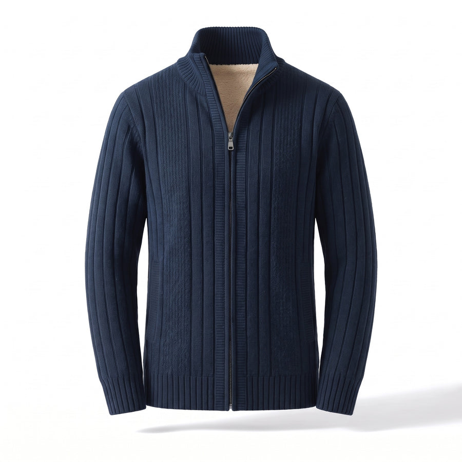 Men's Fleece Lined Cardigan Full Zip Ribbed Knit Stand Collar Sweater, product photo 7