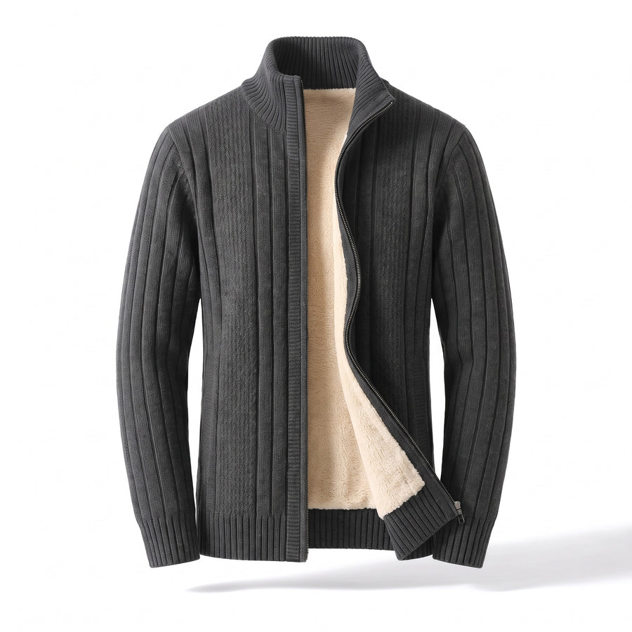 Men's Fleece Lined Cardigan Full Zip Ribbed Knit Stand Collar Sweater, product photo 9