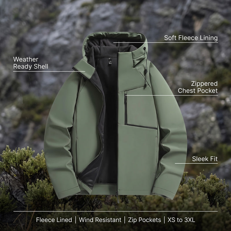 Men’s Fleece Lined Hooded Jacket Wind Resistant Zip Pockets, product photo 2