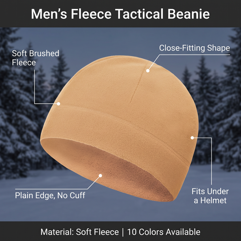 Feature overview of the fleece tactical beanie: soft brushed fleece, close-fitting shape, plain edge with no cuff