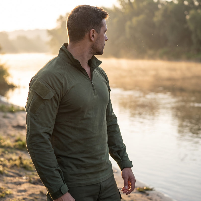 Men's Half Zip Sports Top Stand Collar Multi Pocket Stretch Shirt, product photo 3