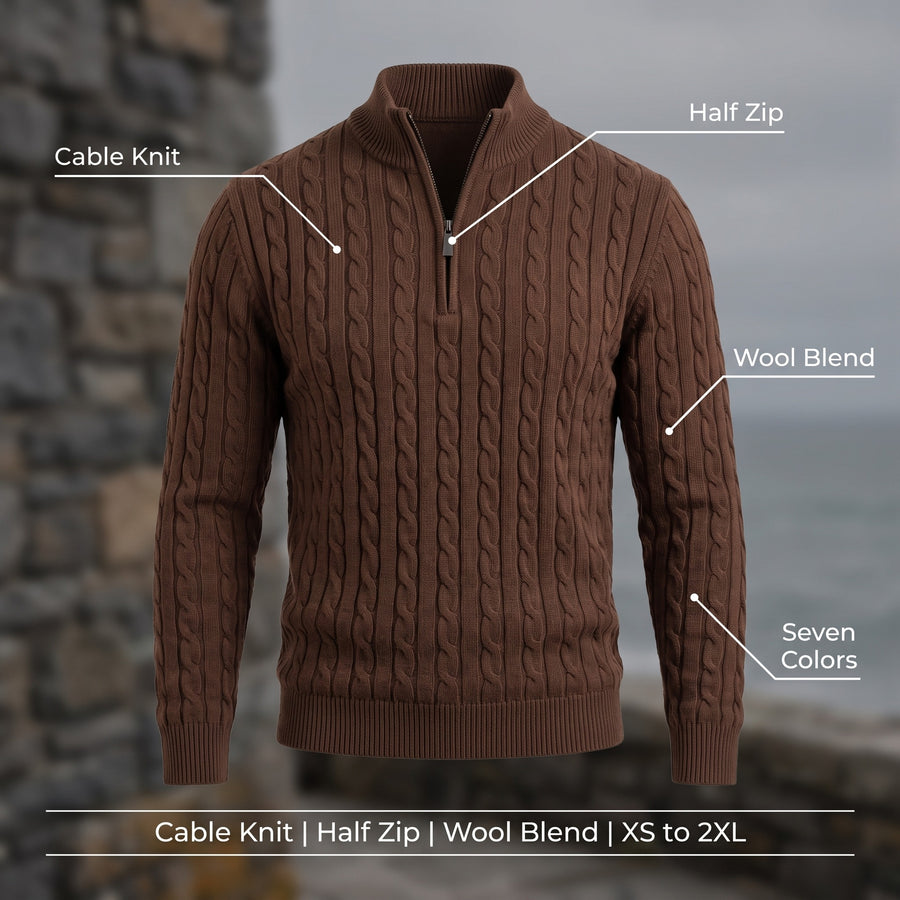 Men's Half Zip Sweater Cable Knit Stand Collar Wool Blend Jumper, product photo 2