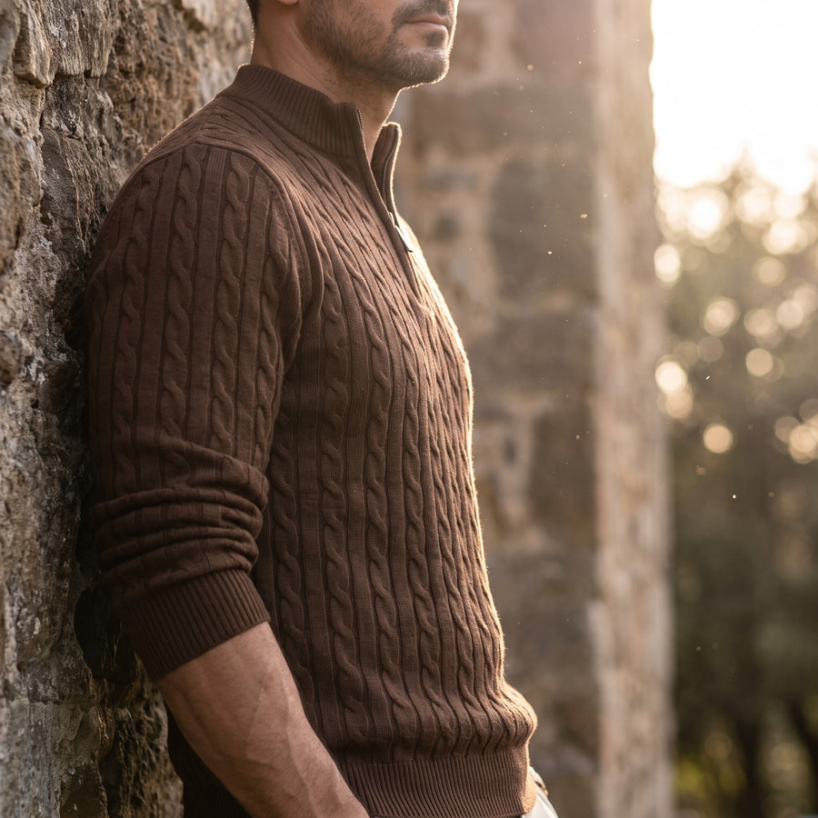 Men's Half Zip Sweater Cable Knit Stand Collar Wool Blend Jumper, product photo 3