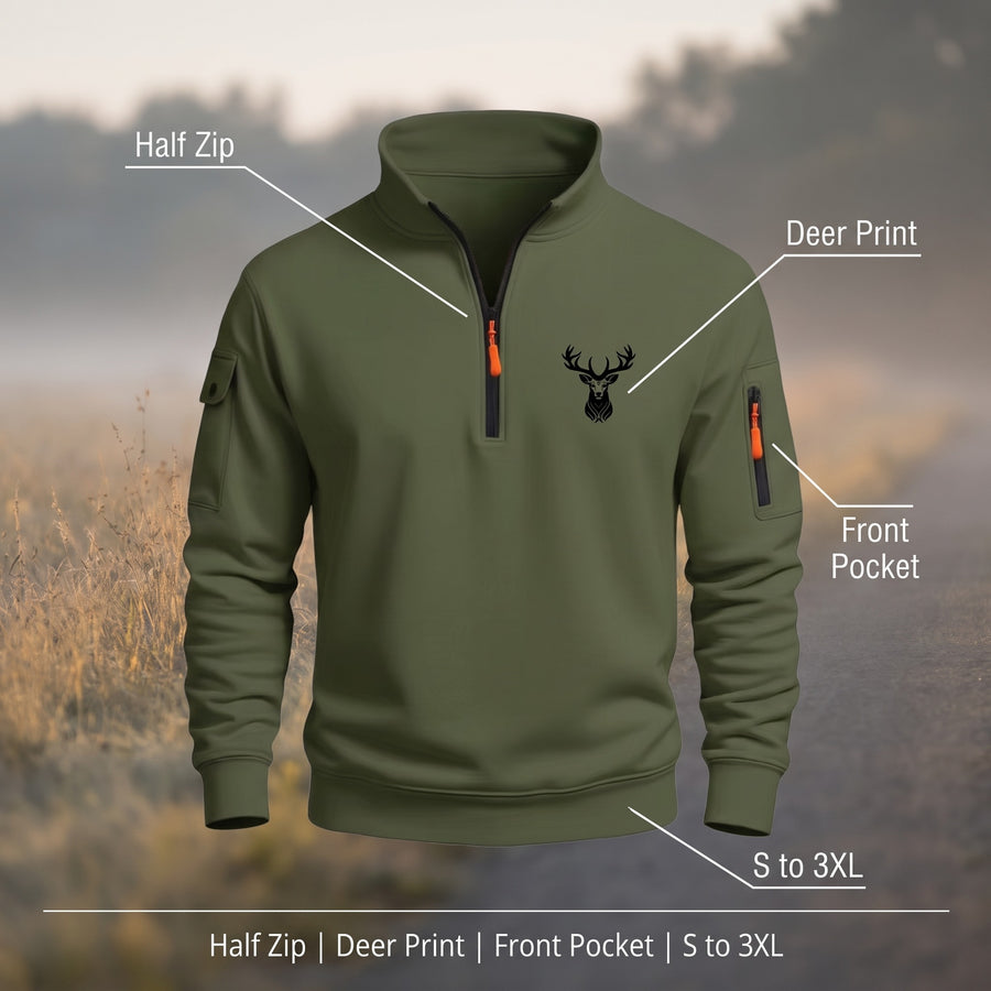 Men's Half Zip Sweatshirt Deer Print Stand Collar Pocket Pullover, product photo 2