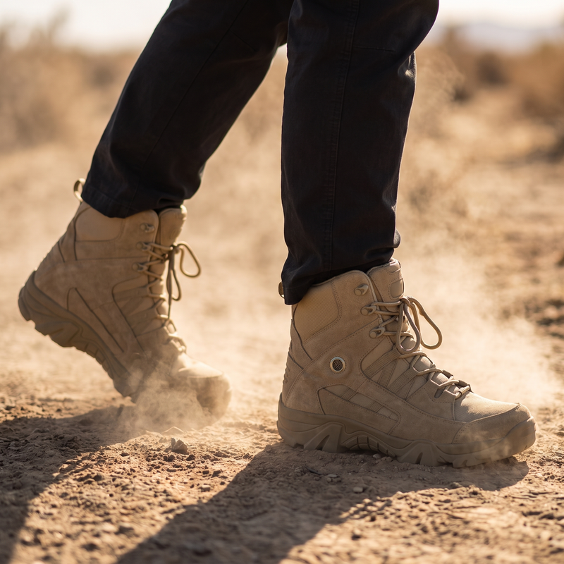 Khaki high-top tactical boots on a dusty desert trail