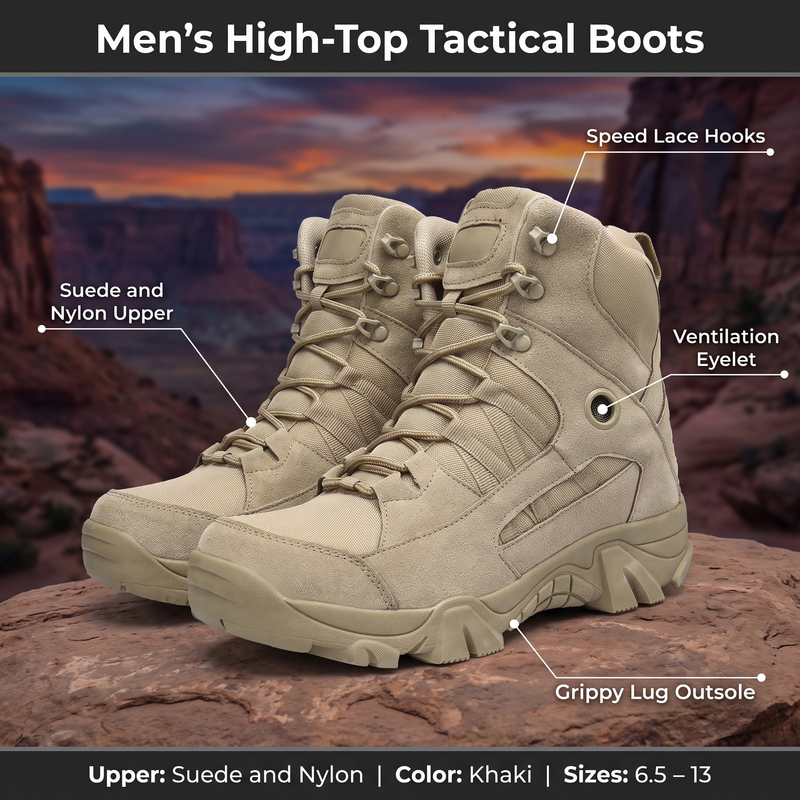 Feature overview of the high-top tactical boots: suede and nylon upper, ventilation eyelet, speed lace hooks, grippy lug outsole