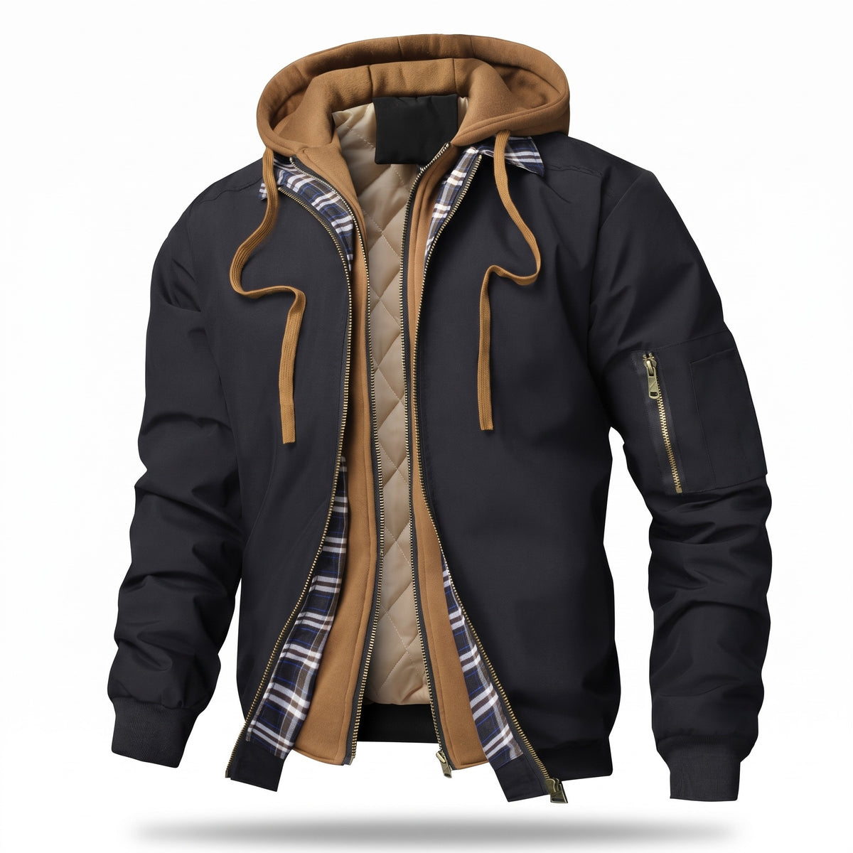 Men's Hooded Bomber Jacket Plain Zip Front Casual Flight Coat, product photo 1