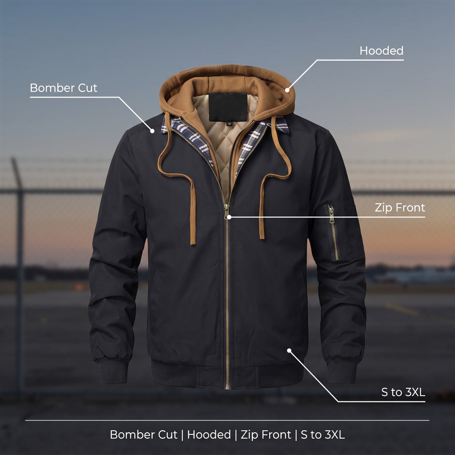 Men's Hooded Bomber Jacket Plain Zip Front Casual Flight Coat, product photo 2