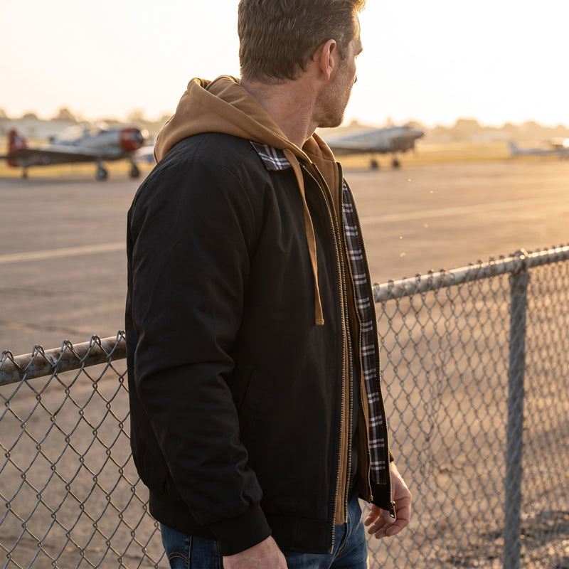 Men's Hooded Bomber Jacket Plain Zip Front Casual Flight Coat, product photo 3