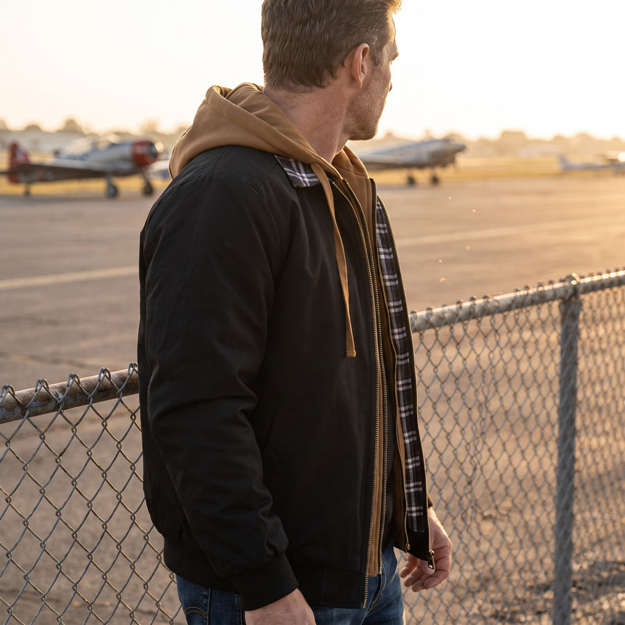 Men's Hooded Bomber Jacket Plain Zip Front Casual Flight Coat, product photo 3