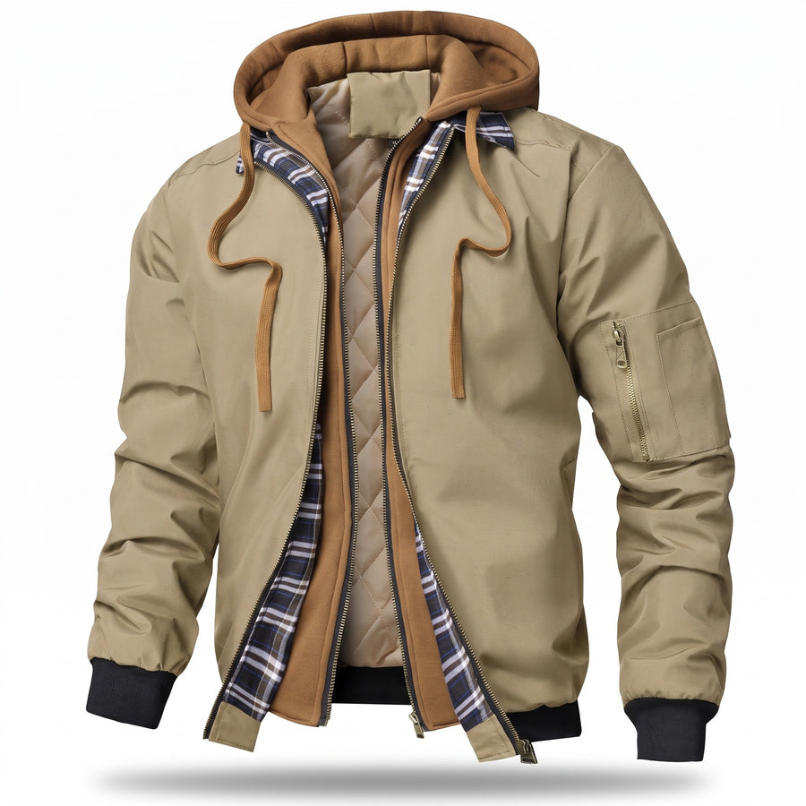 Men's Hooded Bomber Jacket Plain Zip Front Casual Flight Coat, product photo 6