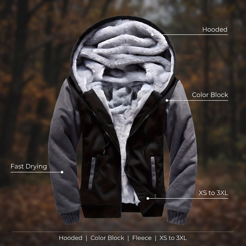Men's Hooded Fleece Jacket Color Block Warm Casual Winter Coat, product photo 2