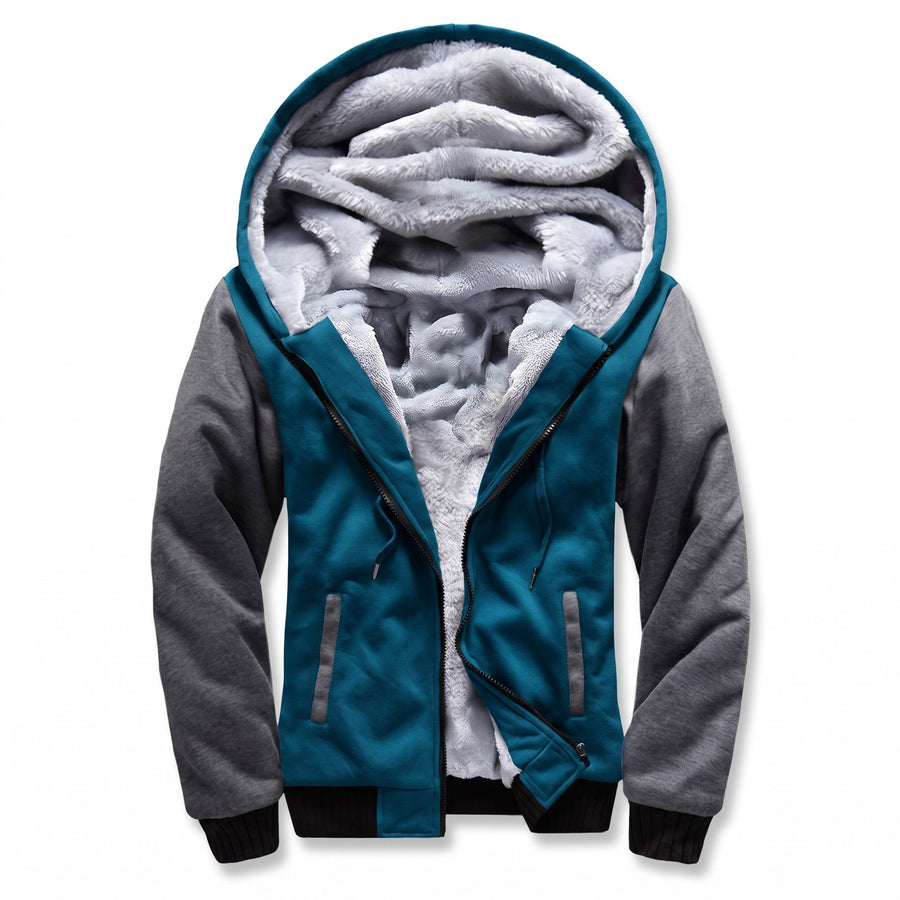 Men's Hooded Fleece Jacket Color Block Warm Casual Winter Coat, product photo 11