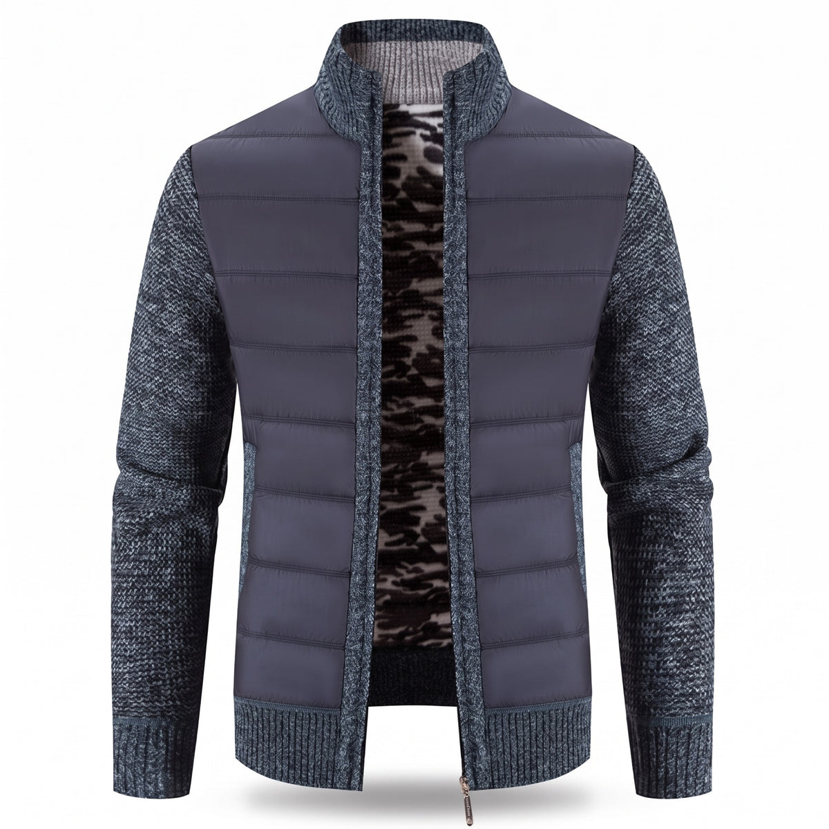 Men's Hybrid Bomber Jacket Quilted Front Knit Sleeves Stand Collar, product photo 1