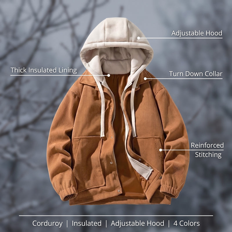 Men’s Insulated Corduroy Hooded Jacket Adjustable Hood Warm, product photo 2