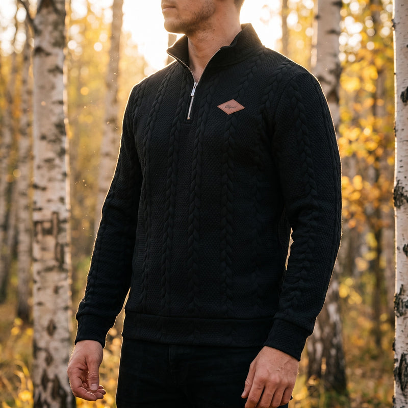 Men's Jacquard Knit Sweater Half Zip Textured Long Sleeve Jumper, product photo 3