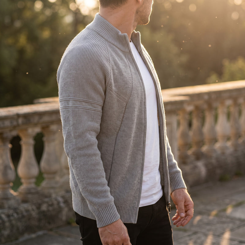 Men's Knit Cardigan Full Zip Stand Collar Raglan Sleeve Jacket, product photo 3