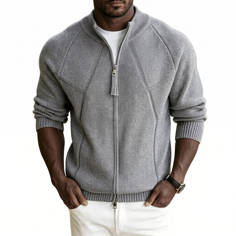 Men's Knit Cardigan Full Zip Stand Collar Raglan Sleeve Jacket, product photo 6