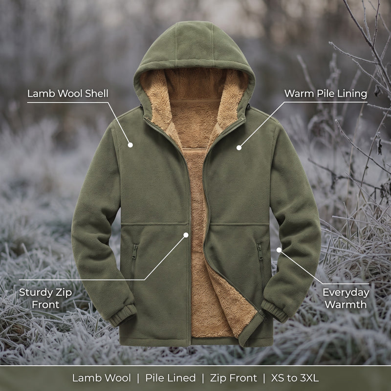 Men’s Lamb Wool Hoodie Pile Lined Zip Front Warm Winter Layer, product photo 2