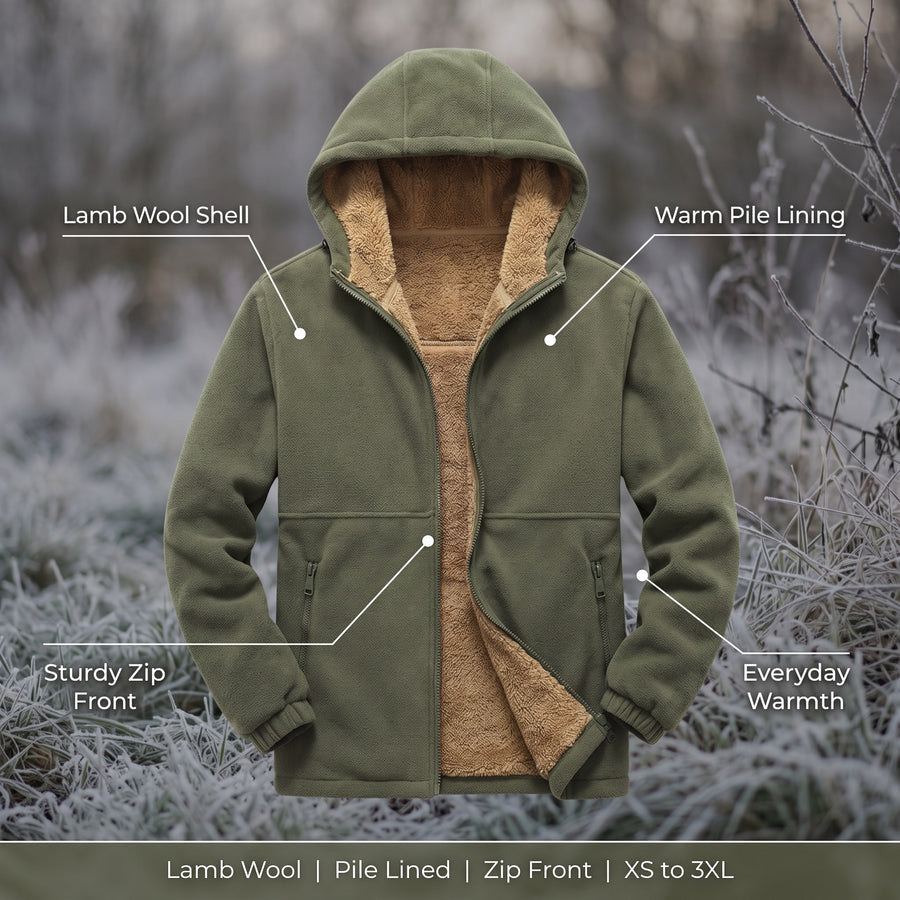 Men’s Lamb Wool Hoodie Pile Lined Zip Front Warm Winter Layer, product photo 2