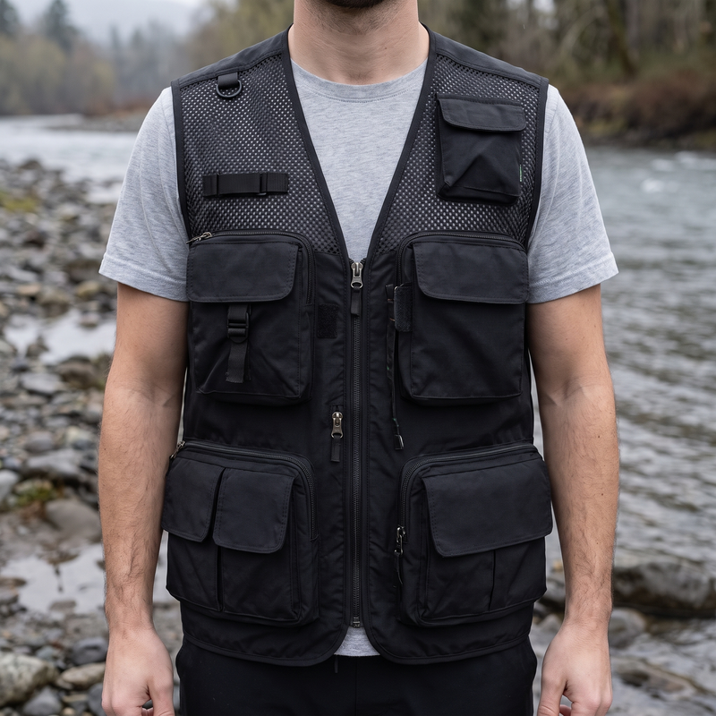 Man on a riverbank wearing the black 16-pocket utility vest