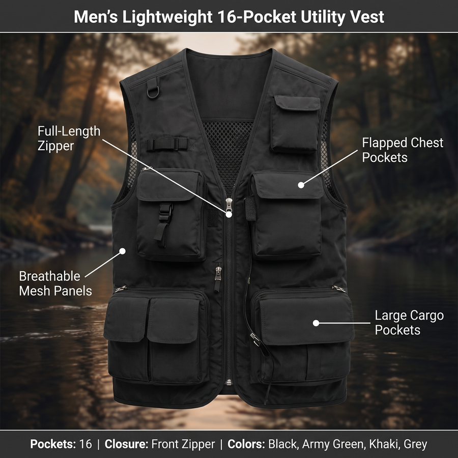 Feature overview of the 16-pocket utility vest: full-length zipper, breathable mesh panels, flapped chest pockets, large cargo pockets