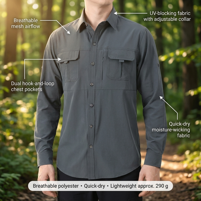Feature overview of the men's hiking shirt: breathable mesh airflow, UV-blocking fabric with adjustable collar, dual hook-and-loop chest pockets, quick-dry fabric