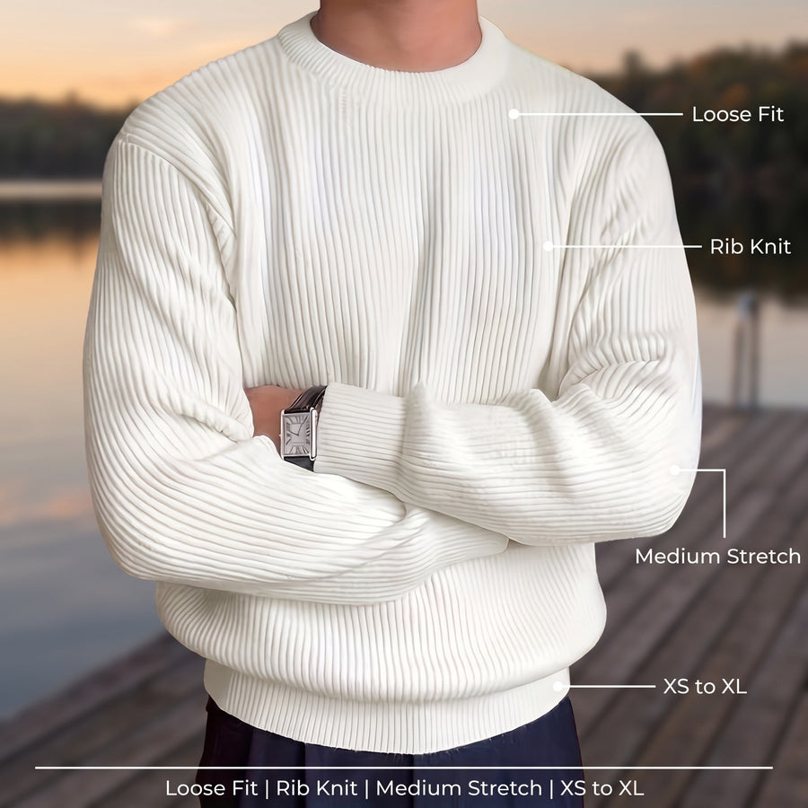 Men's Loose Ribbed Knit Tee Crew Neck Long Sleeve Relaxed Top, product photo 2