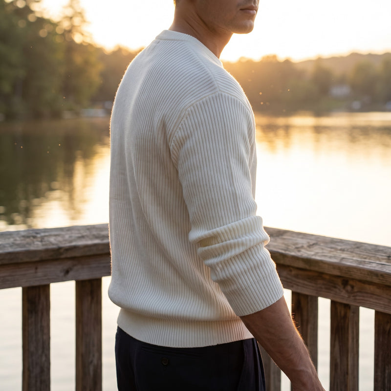 Men's Loose Ribbed Knit Tee Crew Neck Long Sleeve Relaxed Top, product photo 3