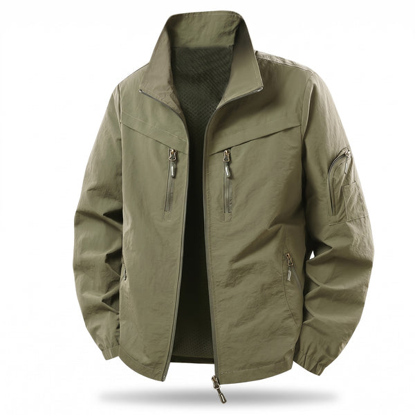 Men's Nylon Cargo Jacket Mesh Lined Zip Pockets Arm Pocket