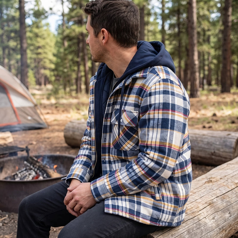Men’s Plaid Flannel Hooded Jacket Sherpa Lined Casual Overshirt, product photo 5