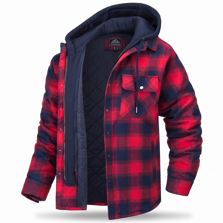 Men’s Plaid Flannel Hooded Jacket Sherpa Lined Casual Overshirt, product photo 9