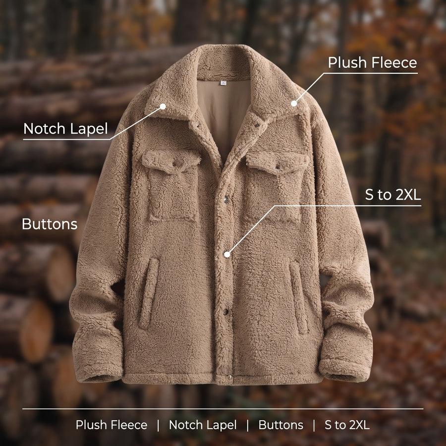 Men's Plush Fleece Jacket Notch Lapel Button Front Winter Coat, product photo 2