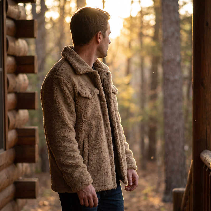 Men's Plush Fleece Jacket Notch Lapel Button Front Winter Coat, product photo 3