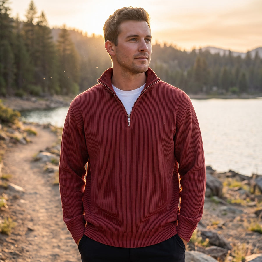 Men's Quarter Zip Sweater Ribbed Knit Stand Collar Pullover Top, product photo 3