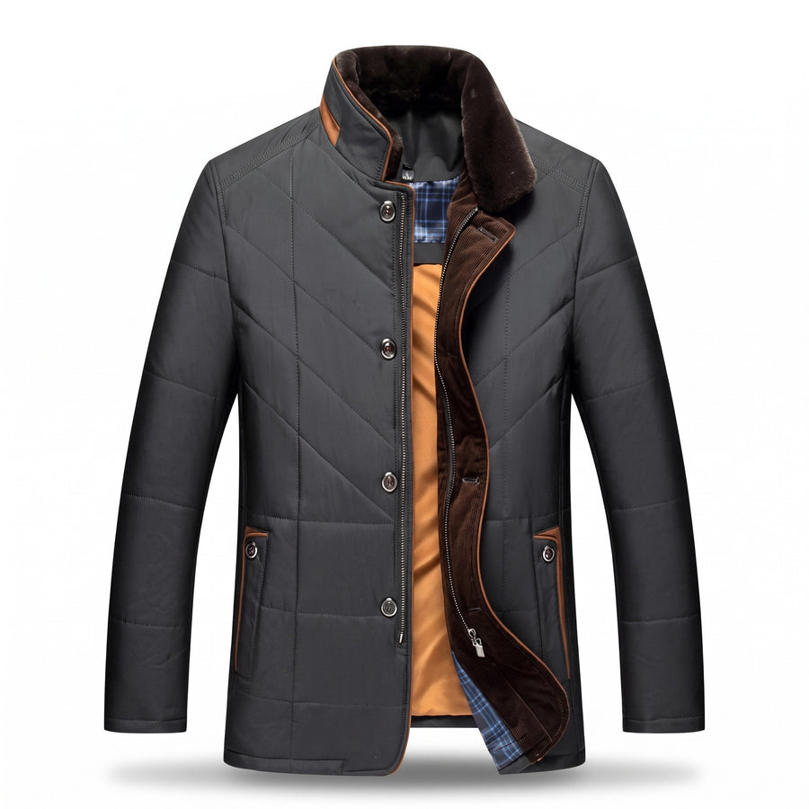 Men's Quilted Car Coat Plush Stand Collar Button Front Winter Jacket, product photo 1